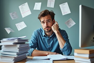 Confused Man Surrounded by Piles of Medical Bills and Codes While Working on Computer