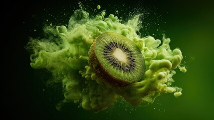 Kiwi slice in artistic ink explosion