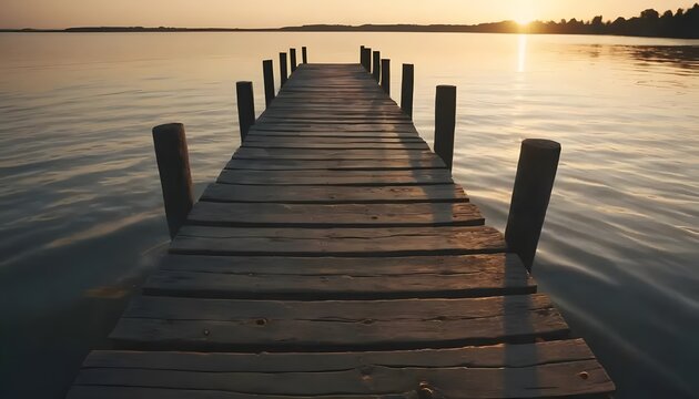 Wooden pier extending into calm water at sunset with warm golden light
