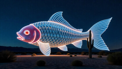 giant glass koi fish floating above a desert, golden hour, magical realism
