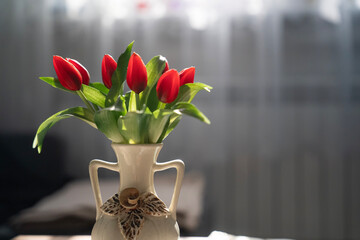 bukiet tulipanów w wazonie, na tle okna ze słonecznymi promieniami © siwyk