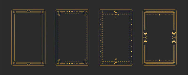 Golden tarot card frame set with mystical symbols - ornate rectangular borders decorated with stars, moons and celestial elements on black background for divination deck design, occult templates.