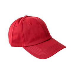 A single classic, plain red baseball cap with a curved brim, a casual accessory, isolated on a transparent background png