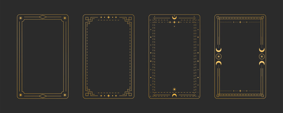 Golden tarot card frame set with mystical symbols - ornate rectangular borders decorated with stars, moons and celestial elements on black background for divination deck design, occult templates.