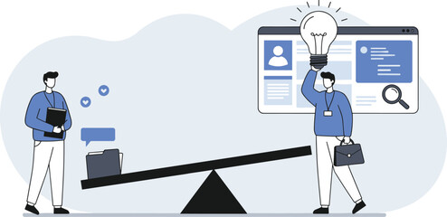 Business decision making concept, idea vs data, weighing options, teamwork, innovation, professional character, balance scale, lightbulb symbol, modern illustration