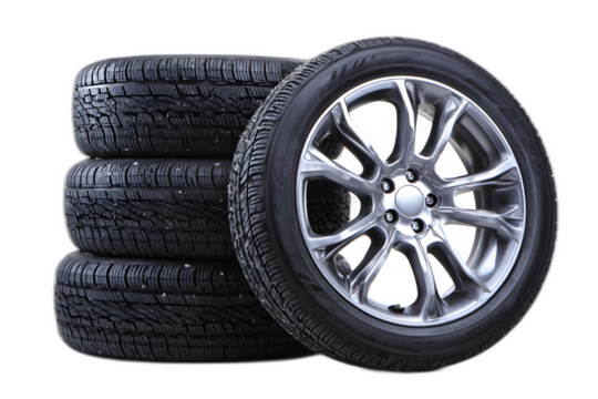 Stacked Automobile Tires Present Silver Rims