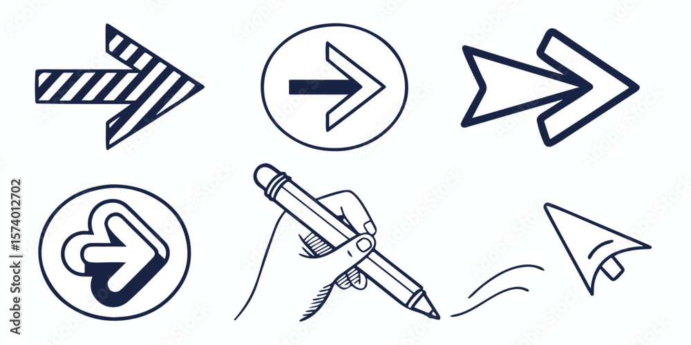 Fototapete Collection of doodle arrow icon, modern flat arrow mark, brush stroke arrow symbol paint, hand drawn chalk pencil pointer and computer cursor for web design technology and navigation app business 