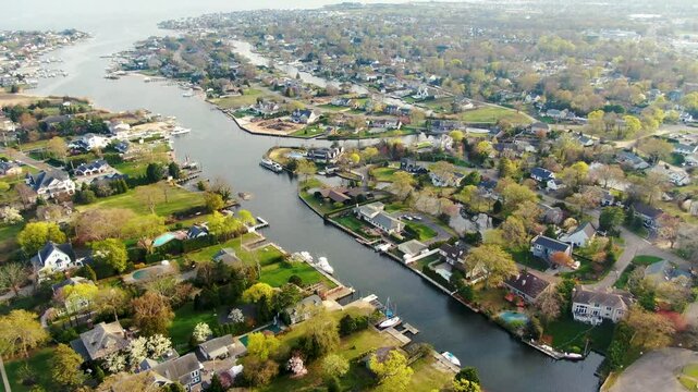 Aerial View Of Babylon Village, Canal And Great South Bay In Suffolk, New York, USA.