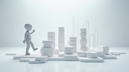 3D scene: person balancing strategy elements in a futuristic digital hub, illuminated by studio lighting. Business strategy concept.