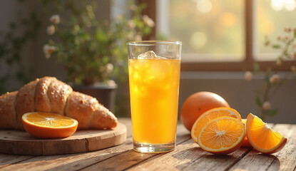Breakfast essentials: a croissant and orange juice, ready for a delightful start to the day.

