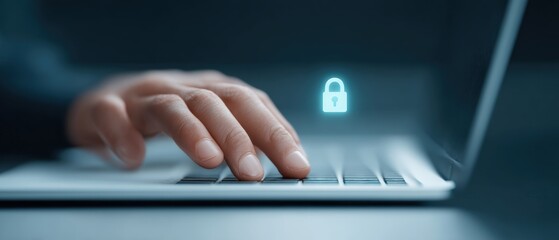 Securing digital information hand on laptop keyboard cybersecurity modern workspace close-up data protection