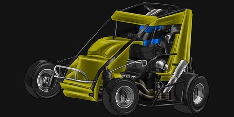 Drak yellow and painted racing car. Isolated in black background, for t-shirt design