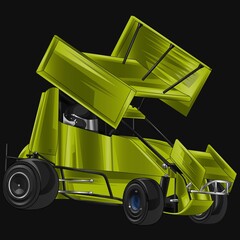 Yellow and painted racing car. Isolated in black background, for t-shirt design.