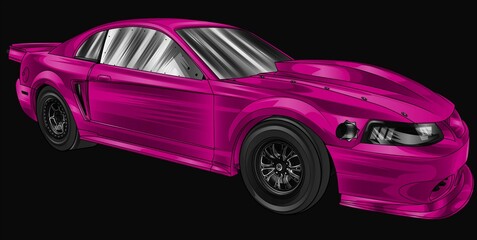 pink and painted racing car. Isolated in black background, for t-shirt design