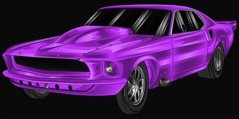 Purple and painted racing car. Isolated in black background, for t-shirt design.