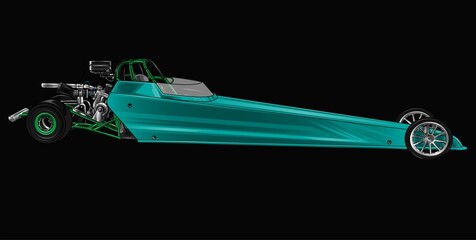 Turquoise blue and painted racing car. Isolated in black background, for t-shirt design