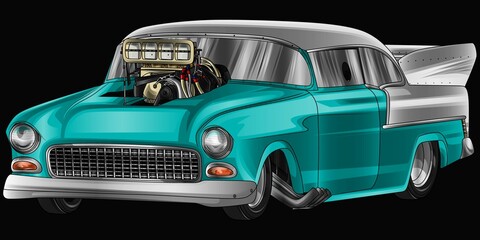 Turquoise blue and painted racing car. Isolated in black background, for t-shirt design
