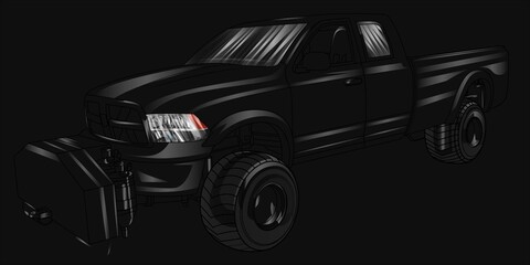 Black truck isolated on a black background for t-shirt design, print, and business purposes.
