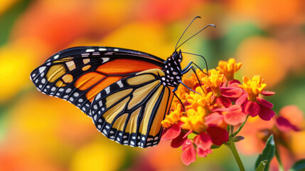 Fototapeta premium Vibrant monarch butterfly delicately perched on bright orange and red flowers, set against blurred background of colorful blooms, creating lively and cheerful scene