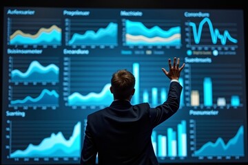 Man manipulating interactive data dashboard with hand gestures while focused on screen