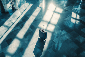 Lonely Suitcase in Sunlit Airport Hall. Single suitcase standing on a polished airport floor with dramatic sunlight and long shadows, symbolizing travel and solitude.