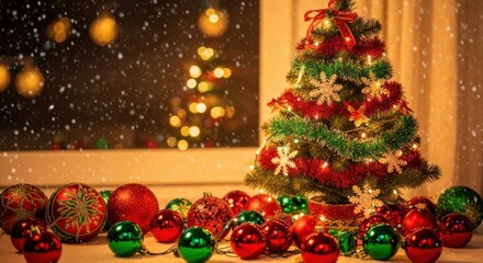 Festive Christmas Tree Decorated with Ornaments and Twinkling Lights Indoors with Snowfall Outside