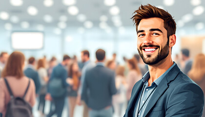 Smiling Young Man in Blue Blazer at Crowded Conference Event