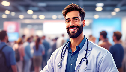 Smiling Doctor Wearing White Coat Standing in Busy Convention Center