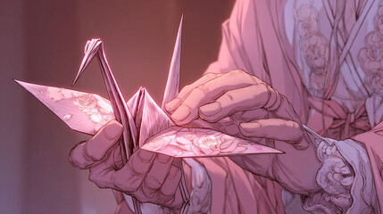 Japanese Origami Crane: Artistic Illustration of Paper Bird Folding