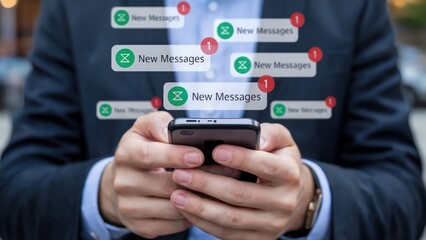 Businessman checks mobile with message notifications and updates about social media