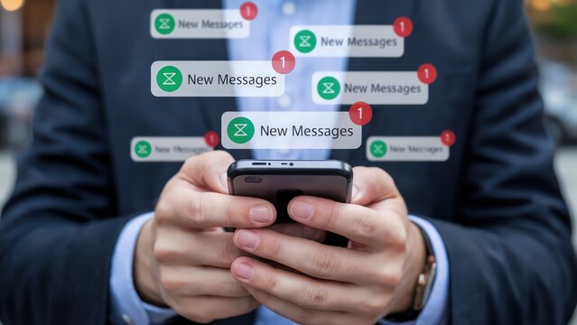 Businessman checks mobile with message notifications and updates about social media