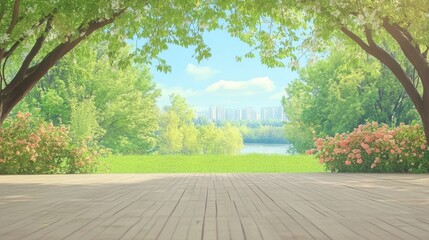 Park terrace cityscape outdoor landscape style. Urban nature and relaxation. Trees, skyline, flowers, bushes, grass, blossoms, river, deck, sky, buildings, fresh environment, tranquil retreat, scenic