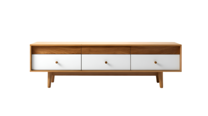 A modern light wood tv stand with three white drawers and brass knobs against a black background