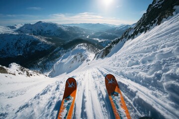 Skiing downhill, mountain vista