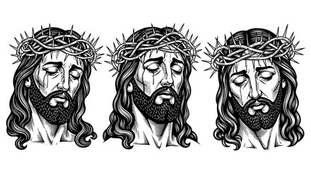 Triptych of Jesus Christ: Crown of Thorns, Weeping, Black and White Engraving Style