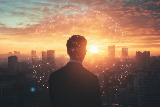 A man in a suit looks out over a city skyline at sunset with digital network connections overlayed