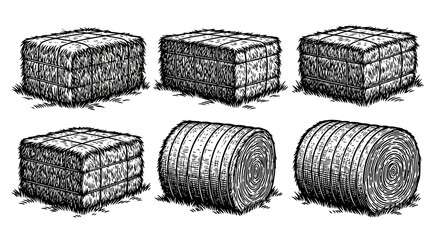 Black and White Hay Bales and Rolls Illustration with Detailed Engraving © tere