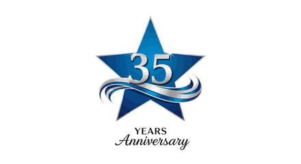 Obraz premium 35 Years Anniversary Logo with Blue Star and Silver Ribbon Design