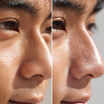 Close-up of Asian male teenager's nose before removing blackheads &rarr; Skin looks cleaner, pores are tightened, no clogged pores