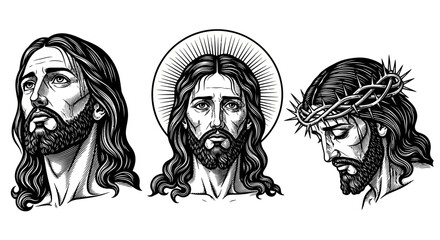 Detailed Black and White Illustrations of Jesus Christ's Head and Face