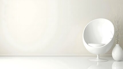 Minimalist white interior design featuring a spherical chair and decorative vase creating a serene