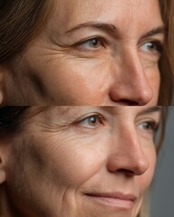 Fototapeta premium A white woman in her 40s compares her cheek grooves before and after filler or lifting. Her skin is smoother and looks naturally younger.