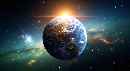 Earth From Space with Sun Rising Over Horizon in Bright Cosmic Scene