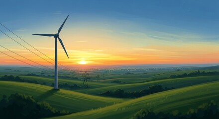 Wind turbine on green hills under an orange sunset sky with power lines and distant city view