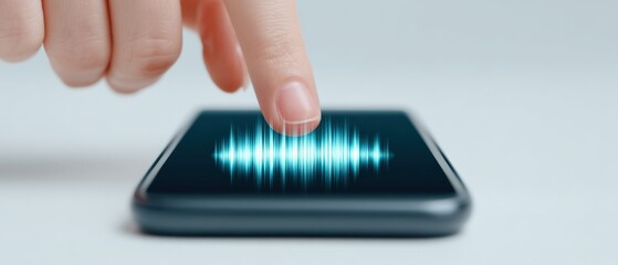 Voice activation action smartphone interaction digital soundwaves modern technology close-up view user engagement