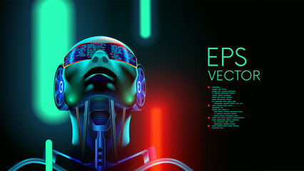 AI. A robot with artificial intelligence or a cyborg in the concept of a human face or head with electronic parts. Artificial General Intelligence or AGI. Cyborg head, looking up. Sci-fi vector.