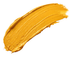 A vibrant yellow paint stroke is isolated on a transparent background, showcasing a textured surface