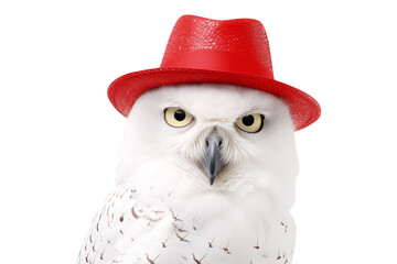 Funny portrait of a snowy owl in a festive hat, isolated on transparent background.