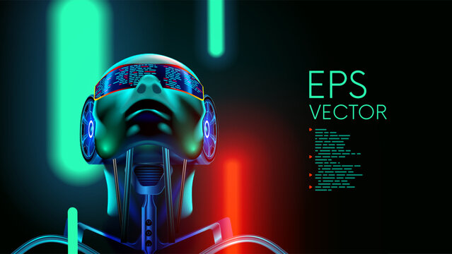 AI. A robot with artificial intelligence or a cyborg in the concept of a human face or head with electronic parts. Artificial General Intelligence or AGI. Cyborg head, looking up. Sci-fi vector.