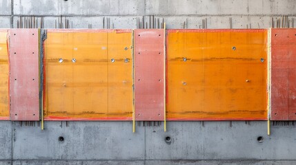 Vibrant construction formwork panels in orange and red, set against a concrete wall backdrop